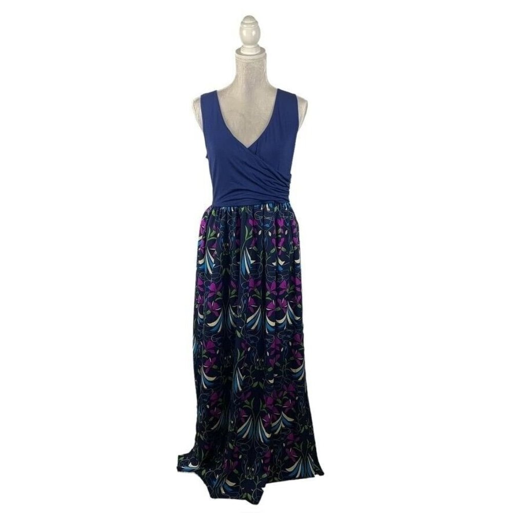 ModCloth Faux Wrap Sleeveless Maxi Dress Art Deco Floral Skirt‎ Wedding Guest L